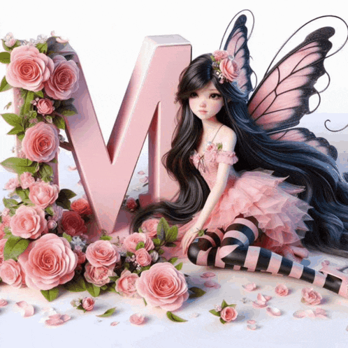 a doll with butterfly wings sits next to a letter m