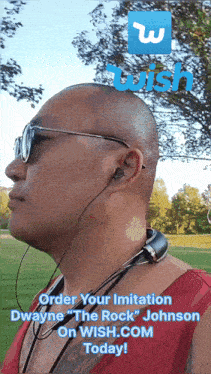 a picture of a man wearing headphones with the words order your imitation dwayne " the rock " johnson on wish.com