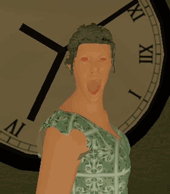 a woman with red eyes is standing in front of a clock that says xii
