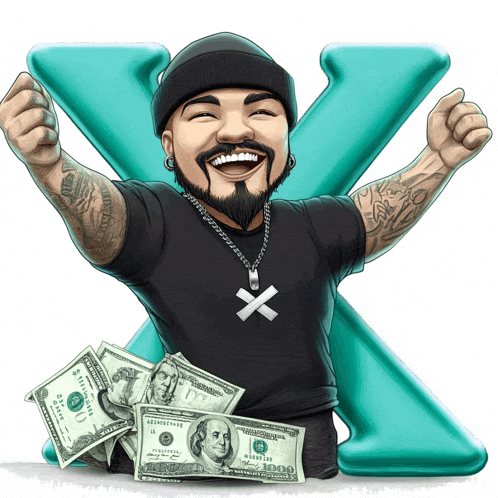 a cartoon of a man holding a bunch of money