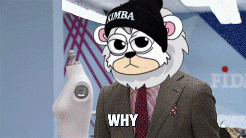 a cartoon bear wearing a suit and tie is asking why
