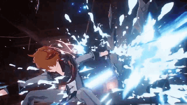 a person in a video game is being attacked by a sword and water splashes are coming out of it .