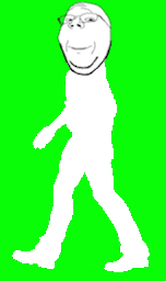 a cartoon character with glasses and a smile on his face is walking on a green screen