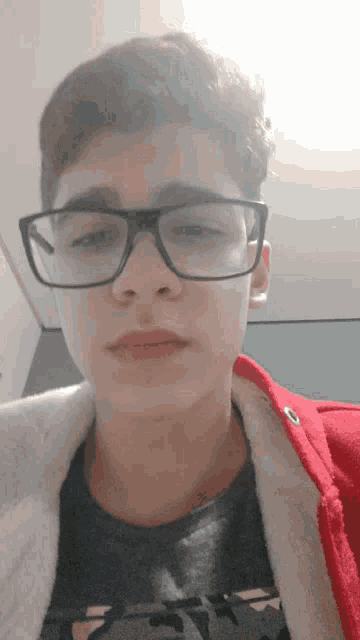 a young man wearing glasses and a red jacket is looking at the camera