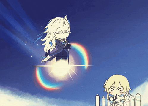 a cartoon drawing of a girl with a sword and a rainbow behind her