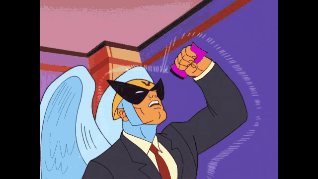a cartoon of a man in a suit and tie holding a purple object