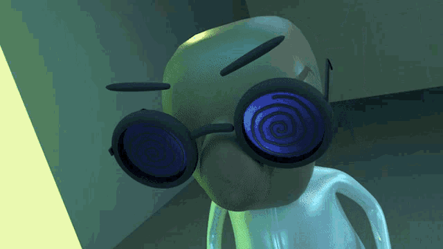 a cartoon character wearing a pair of glasses with a spiral on them