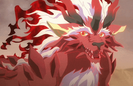 a cartoon drawing of a red and white animal with horns