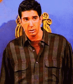a man in a plaid shirt stands in front of a blue background