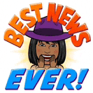 a cartoon of a woman wearing a purple hat says best news ever .
