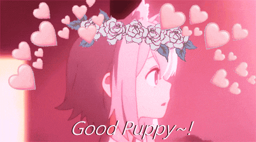 a girl with a flower crown on her head is surrounded by hearts and says good puppy