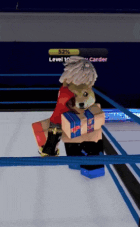 a video game character is carrying boxes in a wrestling ring with a level 10 carder behind him