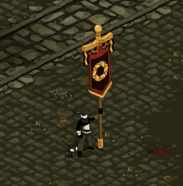 a cartoon character is holding a red banner with a yellow circle on it
