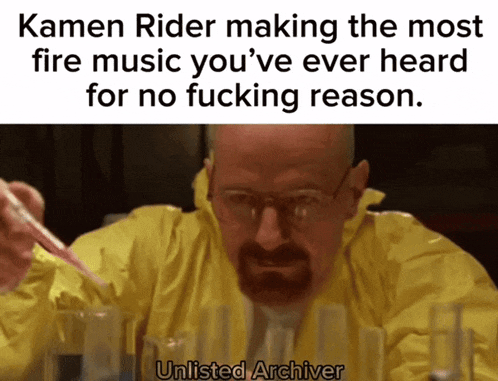 a man in a yellow jacket is making a meme about kamen rider making the most fire music