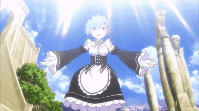 a girl in a maid outfit is standing in front of a castle