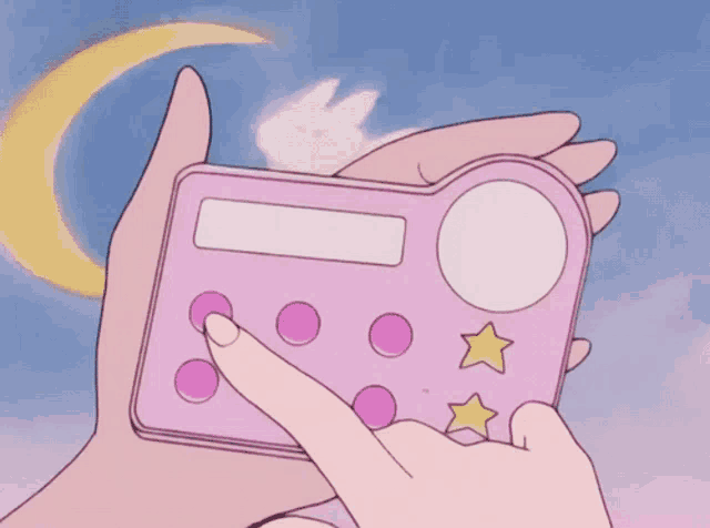 a person is holding a pink calculator with a girl on it