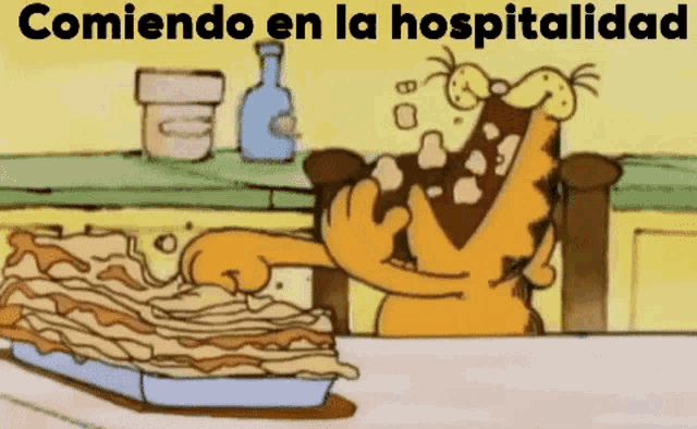 a cartoon of garfield eating a pie with the words comiendo en la hospitalidad above him