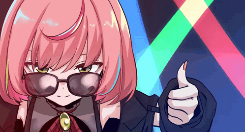 a pink haired anime girl wearing sunglasses giving a thumbs up