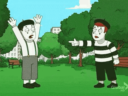 a cartoon of a man pointing at another man in a park with the words global hd on the bottom