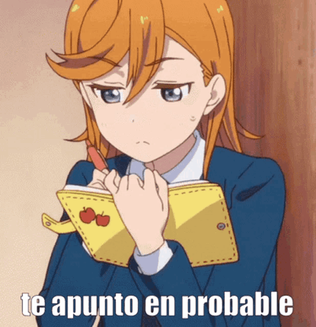 a girl with orange hair is writing in a notebook with the words te apunto en probable written below her