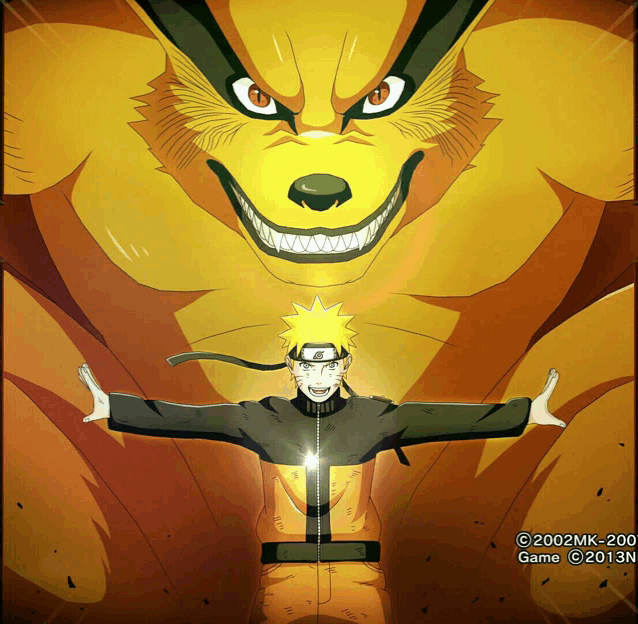 a cartoon of a man standing in front of a large monster with the year 2013 on the bottom