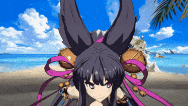 a girl with long black hair and purple ribbons around her head stands on a beach