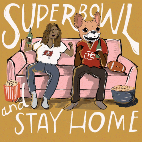 a drawing of a woman and a dog on a couch with the words super bowl and stay home
