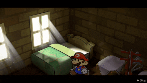 a cartoon of mario standing next to a bed with the word skip below him