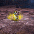 a video game character is standing on a tiled floor in a dark room surrounded by yellow dust .