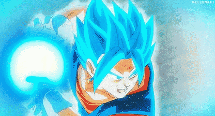 a cartoon character with blue hair is holding a blue sphere in his hand