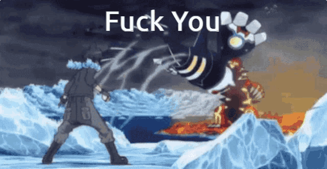 a man is standing in front of a monster that says " fuck you " on it