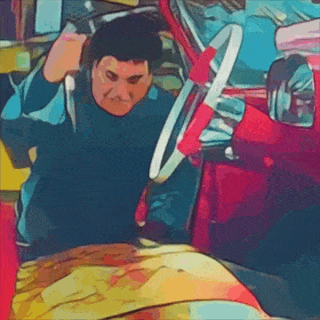 a cartoon drawing of a man in a car holding a steering wheel