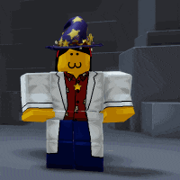 a roblox character wearing a white coat and a wizard hat with the number 3 on it