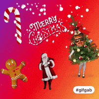 a gingerbread man a santa claus and a christmas tree are on a red background