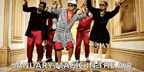 a group of men are dancing in a room with the words `` january magic in the air '' written on the bottom .