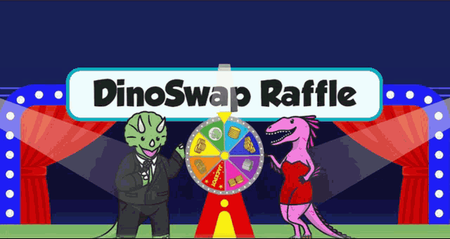 a cartoon of a dinosaur holding a microphone in front of a sign that says dinoswap raffle