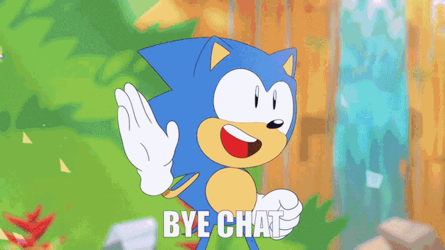 a cartoon of sonic the hedgehog waving his hand with the words bye chat below him