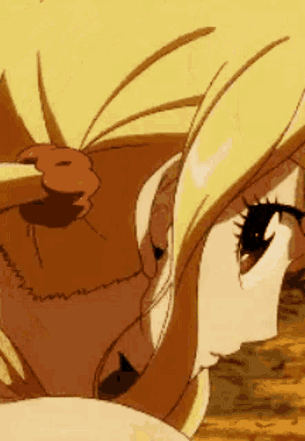 a close up of a cartoon character with long blonde hair