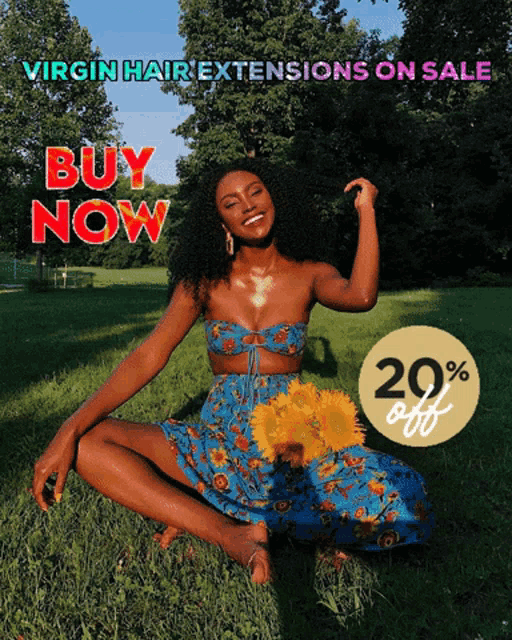 a woman in a blue dress is sitting in the grass with a sign that says buy now virgin hair extensions on sale