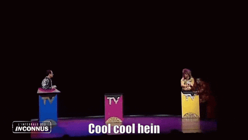 two men are standing behind a podium and one of them is saying c'est un jeuuu