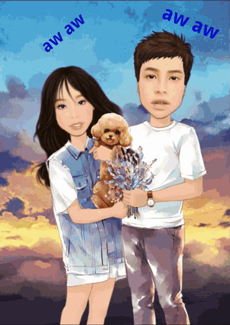 a cartoon of a man and a woman holding a poodle with aw aw above them