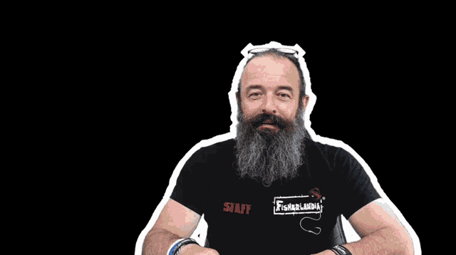 a man with a beard is wearing a black shirt that says ' fisherman ' on it