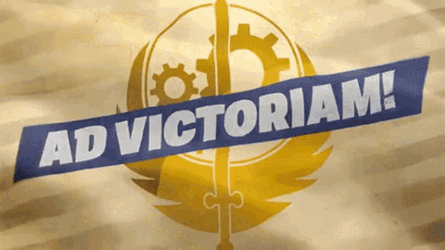 a sign that says ad victoriam on it with a gear on it
