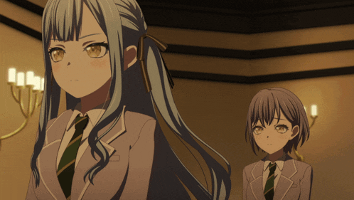 a girl with blue hair is standing next to a girl with brown hair