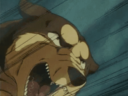 a close up of a cartoon dog with its mouth wide open .