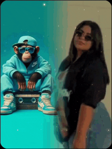 a monkey wearing sunglasses and a hat is sitting on a boombox next to a woman