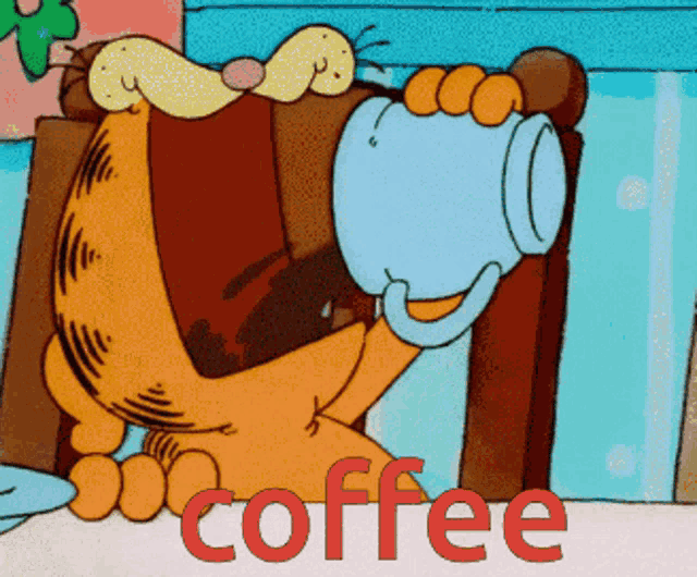 a cartoon of garfield drinking a cup of coffee with the word coffee in red