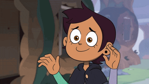 a cartoon character covering her ears with her hands and smiling