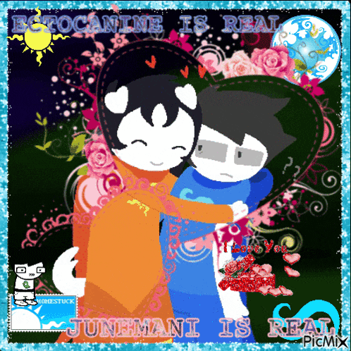 a picture of two cartoon characters hugging with the words " junemani is real " at the bottom
