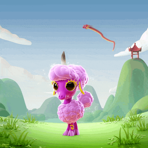 a cartoon illustration of a pink sheep with a dragon flying in the background